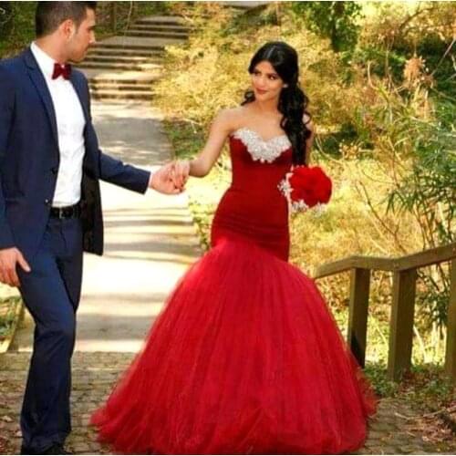 Free shipping Vestido De Noiva Luxury Crystals Beaded Mermaid Romantic Red Tulle Bridal gown Robe de Mariage bridesmaid dress