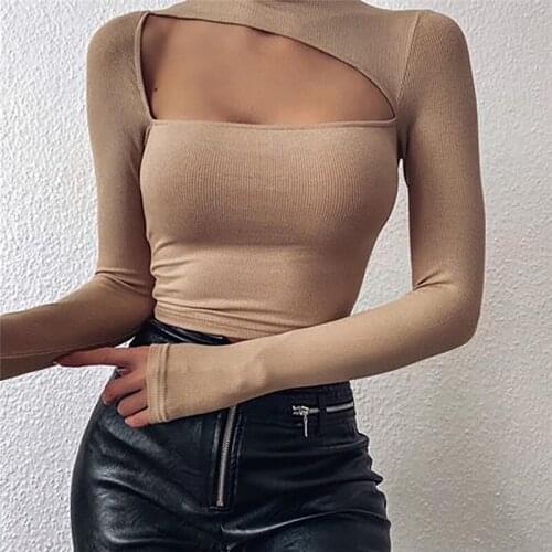 2021 Fashion Women’s Casual Long Sleeve T-shirt Solid Color Hollow Round Collar Exposed Navel Tops Pollover Skinny Tees