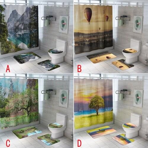 /3Pcs/1Pc Bathroom Set Outdoor Natural Landscape Print Shower Curtain With Hooks Bath Mat Floor Rug Toilet Seat Cover Carpet