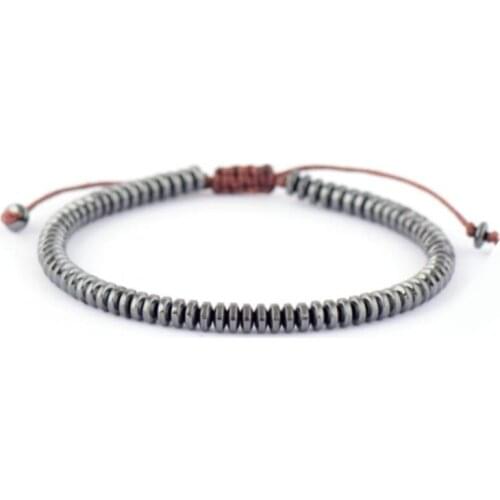 6mm Natural Flat Chunky Black Hematite Fitness Healing Stone Bead Beaded Adjustable Macrame Chakra Energy Bracelet for Man Women