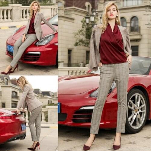 Elegant Fashion Women Check Suits Vintage Peaked Lapel Plaid Blazer Pencil Pants Casual Daily Business Coat 2 Pieces