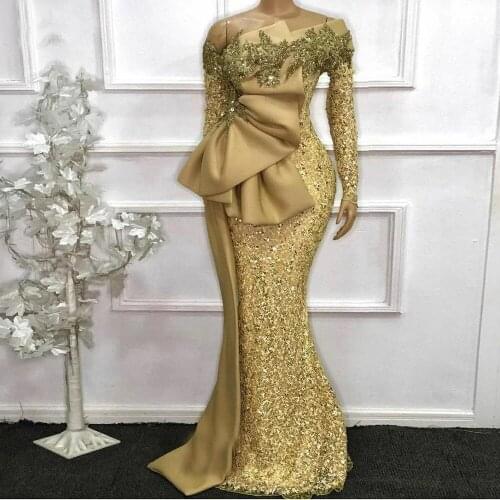Elegant African Evening Dresses 2021 Long Sleeves Sequin Mermaid Formal Dress Aso Ebi Gold Beaded Prom Gowns Robe De Soiree