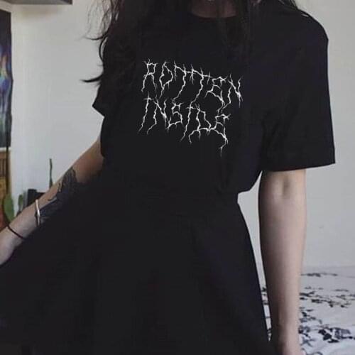 Rotten Inside Gothic punk Women T-Shirt Egirl Edgy Fashion Grunge Graphic Tee Female Cotton Short Sleeve vintage Tumblr Goth Top