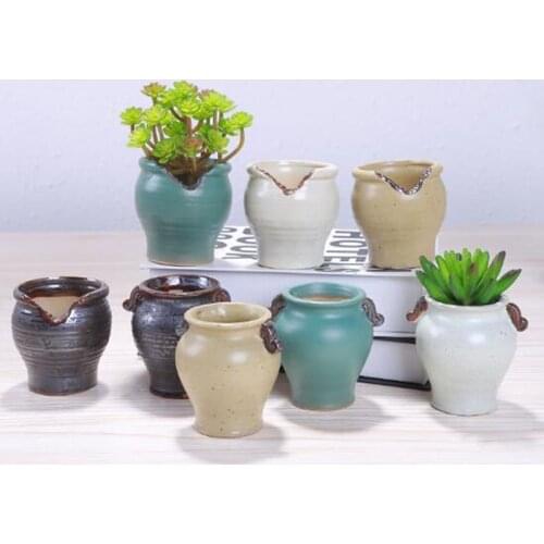 New Style Succulent Plants Ceramic Pot Plain Color Retro Breathable Flowepot Bonsai Planter Pot Home Garden Decor