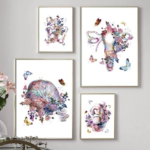 Pregnancy Anatomy Medical Poster Watercolor Fetus in Womb Floral Uterus Placenta Art Painting Canvas Prints Obstetrician Gifts