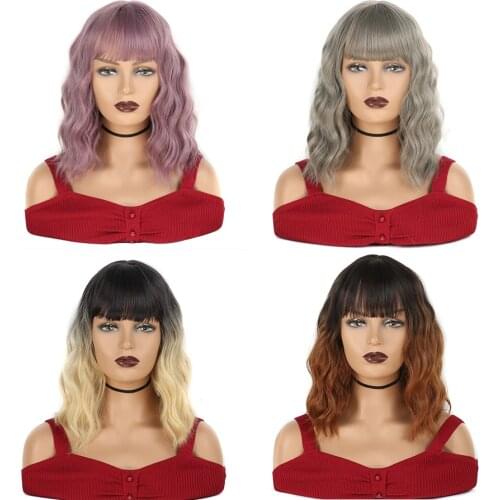Natural wavy short pink bob wigs with neat bangs for women synthetic heat resistant ombre womens wig blonde/black