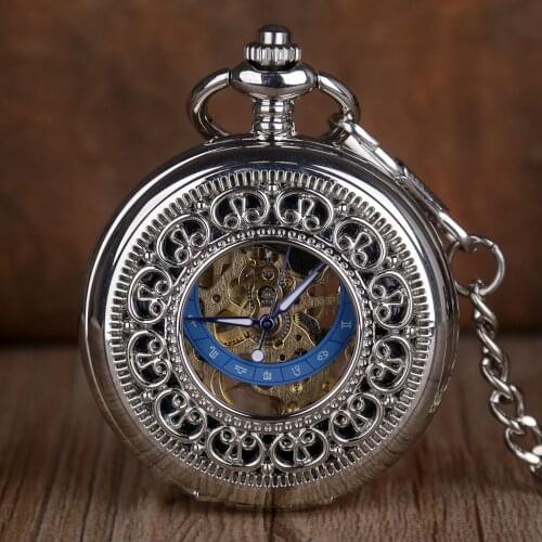 New Fashion Mechanical Pocket Watch Skeleton Dial Silver Pocket Watches Fob Chain Pendant Vintage Dress Fob Watch for Men Women