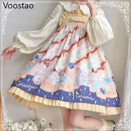 Autumn Sweet Jsk Lolita Dress Women Cute Cartoon Hamster Print Sleeveless Dress Cute Girl Ruffles Embroidery Princess Dresses