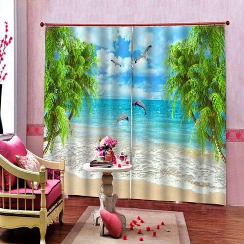 Custom Seaside Scenery Coconut Curtain Luxury Blackout 3D Window Living Room Bedroom Dolphin seagull Window Drapes Home Decor