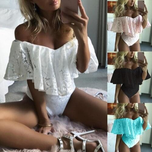 Sexy Women Summer Off Shoulder Ruffled Solid Color Lace Jumpsuit Leotard Top