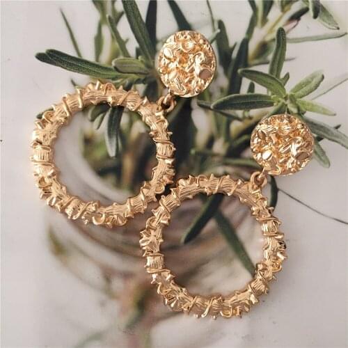 Trendy Gold Color Plating Wire Wrapping on Circle Irregular Surface Drop Earrings For Women Boho Unique Chunky Jewelry