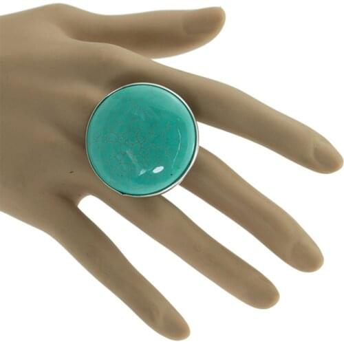 FYJS Unique Silver Plated Round Green Turquoises Stone Resizable Finger Ring Ethnic Style Jewelry