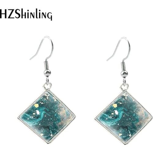 Vinage Blue Waves Star and Night Printing Rhombus Hook Earrings Dangle Drop Jewelry