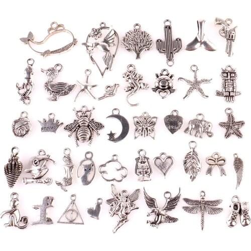 40pcs Mixed Shape Vintage Tibtan Silver Mini Charms Pendants for DIY Jewelry Making for Women Men 23492