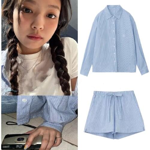 Kpop IU Seo Yea Ji Blue Striped Loose Cardigan Long Sleeve Shirt Blouse Tops+Casual Drawstring Elastic Shorts Women 2 Piece Sets