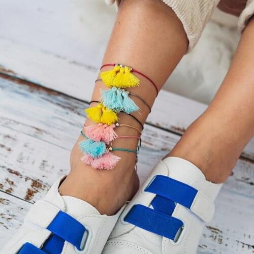 HuaTang Boho Colorful Tassel Pendant Anklets Handmade Braided Rope Adjustable Foot Chain Bracelet for Women Beach Jewelry 9172