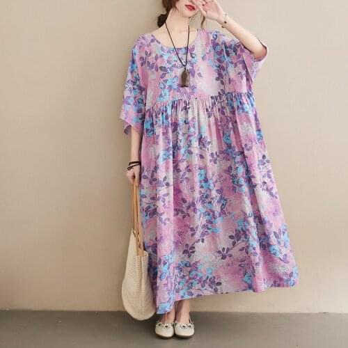 Johnature New Floral Print Dress 2021 Casual Korean Plus Size Pockets O-neck Short Sleeve Women Dresses