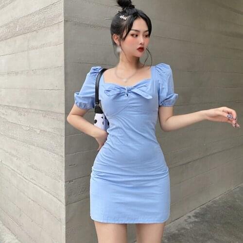 Summer Bow Sqaure Collar Sexy Dress Short Sleeve Women Casual Dresses