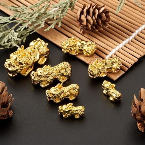 20pcs/Box Golden Pixiu Beads with Chinese Character Cai Alloy Loose Beads For Jewelry Bracelet DIY Crafts Making Accessories