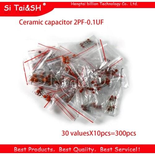 30 valuesX10pcs=300pcs Ceramic capacitor 2PF-0.1UF 2PF 3PF 680PF 1NF 1.5NF 68NF 100NF 0.1UF ETC component diy samples kit
