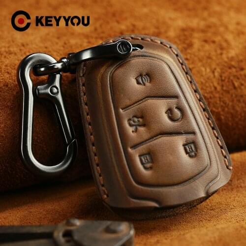 KEYYOU Genuine Leather Car Remote Key Case Fob Cover For Cadillac Escalade ATS CTS XTS SRX XT5 BLS Fob 5 Buttons