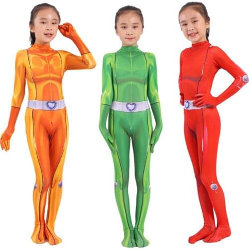 Kids Girls Totally Spies Cosplay Costume Anime Clover Ewing Samantha Simpson Alexandra Mandy Halloween Party Zentai Jumpsuits