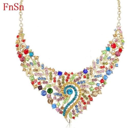 FnSn New Hot Choker Rhinestone Plant Necklace Trendy Colorful Crystal Zinc Alloy Link Chain Pendant Collier Jewelry Women N166