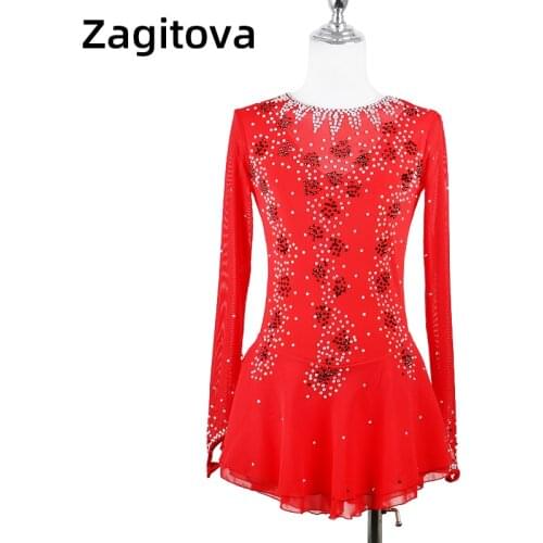 Red Long-sleeved Crystal And Diamond Hollowed-out Back Figure Skating Dresses For Women And Girls