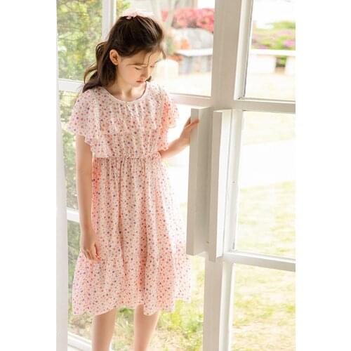 10 12 years Girls Summer Chiffon Dress 2021 Summer Princess Flower Print Pink Dress Korean Style