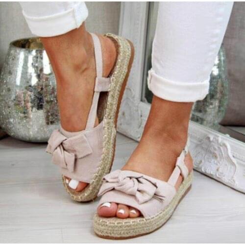 Summer Casual Bow Womens Espadrilles Sandals Buckle Strap Flats Shoes Woman Solid Peep Toe Sandalias 2021 Fashion