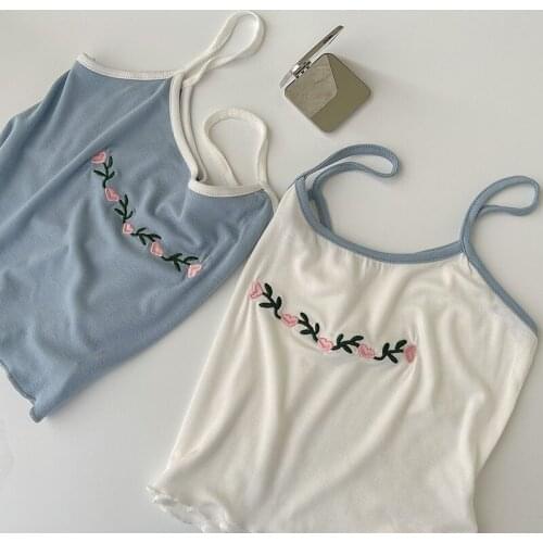 Sweet Floral Embroidered Camisole Womens 2021 Summer Fashion Korean Ruffles Slim Crop Tops Lolita Girls Tank Tops