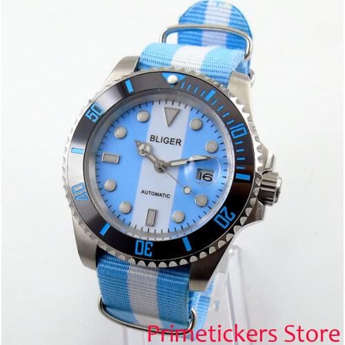 BLIGER 40mm blue white dial sapphire crystal black ceramic bezel automatic movement mens watch nylon strap