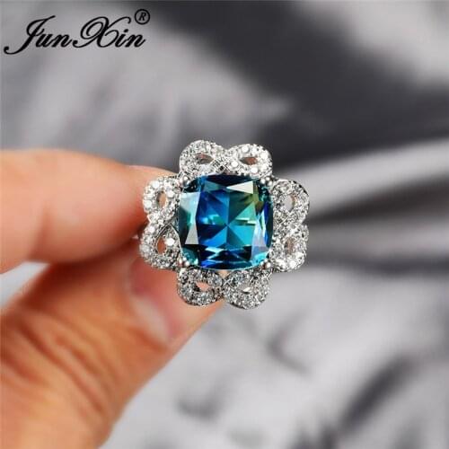 Mystic Rainbow Fire Crystal Geometric Rings For Women Silver Color Blue Green Stone Zircon Luxury Engagement Ring Jewelry Cz