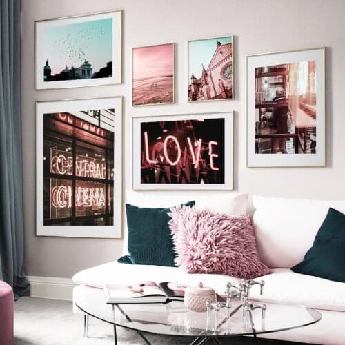 Pink Sea Church Neon Light City Street Nordic Posters And Prints Wall Art Canvas Painting Club Wall Pictures For Living Room Bar