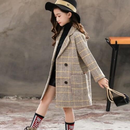 2020 Autumn Girls Woolen coat Kids Outerwear Fashion Design Long Coat for Girls Grid pattern 4 to 12 years old suit jacket