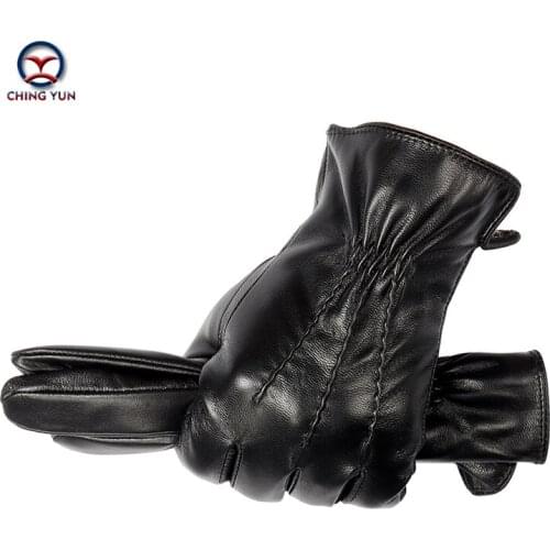 CHING YUN 2020 New Winter Man Leather Gloves sheepskin Male Warm Soft Mens Black Wave pattern Mittens Flannel Lining gloves men