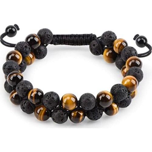 8mm Natural Stone Lava Volcanic Rock Mixed Yellow Tiger Eye Stone beaded Double Row Charms Women Men Bangle Bracelet For Gift