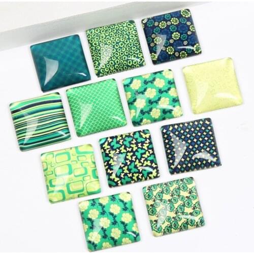 Reidgaller 20pcs mix green pattern photo square glass cabochons 20mm 25mm diy pendant necklace making findings