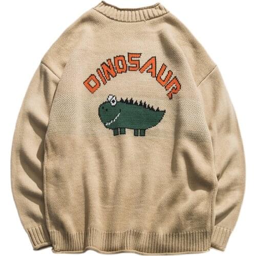 2021 Winter Pullover Men Sweaters Dinosaur Lovely Sweater Men Oversized Boy Student Printed Sweater Loose Black Khaki pull homme