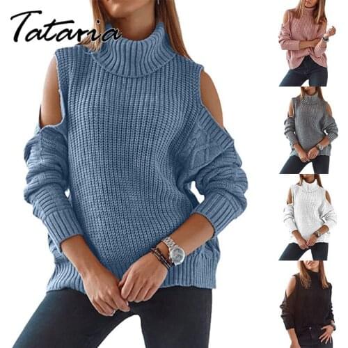 Turtle Neck Sweater Womens Jumper 2021 Off The Shoulder Turtleneck Autumn Warm Sweaters for Women Pullovers Female Knitted Top