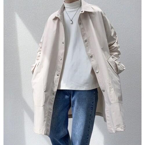 Autumn Korean Style Trench Mens Fashion Solid Color Casual Long Coat Men Streetwear Wild Loose Windbreaker Jacket Mens Overcoat