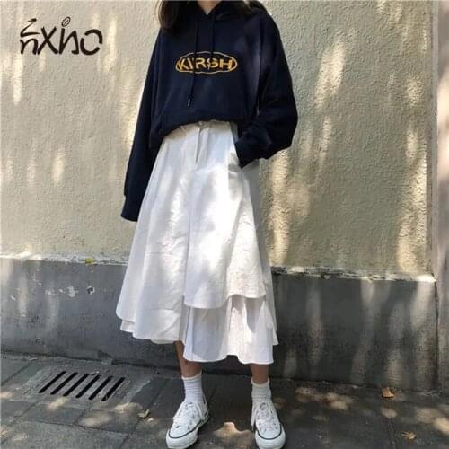 2021 Summer Female boho Long skirt High waist Ruffles White Beach skirts Korean student loose high waist all-match mid-length