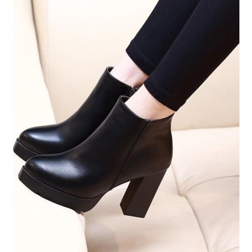 Dropshipping 2021 New Women Ankle Boots High Heels Platform Genuine Leather Martin Black Ladies Shoes