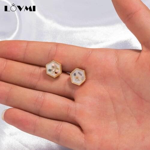 Lovmi 925 Sliver 2021 Womens Earring Polygon Irregular Shape Natural Color Shell With Painting Korean Earring Jewelry For Party