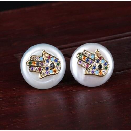 Rainbow cz tiny gold hamsa hand evil eye protection charm natural coin freshwater pearl bead charm button stud earring for women