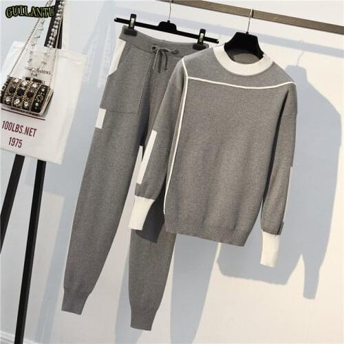 Womans Warm Knitted Suit trackSuit o-Neck Pullover Sweater Set Trousers Plus Size Knitwear sports suit autumn winter two piece S