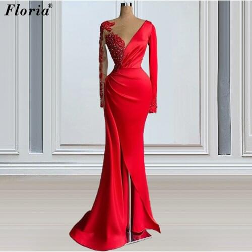 Plus Size Red Long Evening Dresses Mermaid Elegant Crystals Evening Gowns Formal Opening Ceremony Dresses For Women Robes De Bal