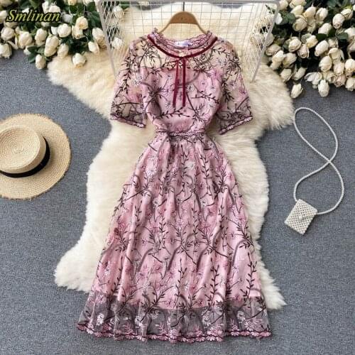 Smlinan Summer Mesh Embroidery Florla Office Dress Women O Neck Short Sleeve Pink Midi Vestidos Ladies Elegant Party Dresses