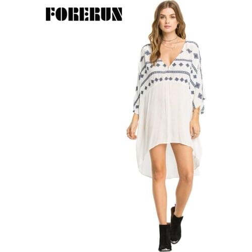 FORERUN Summer Beach Dress for Women Casual Holiday Dresses V Neck Printed Batween Sleeve Irregular Vestido De Playa