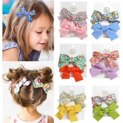 2Pcs/set Boutique Grosgrain Ribbon Printed Color Bows With Clips For Kids Girls Hairgrips Handmade Bow Children Hair Accessories